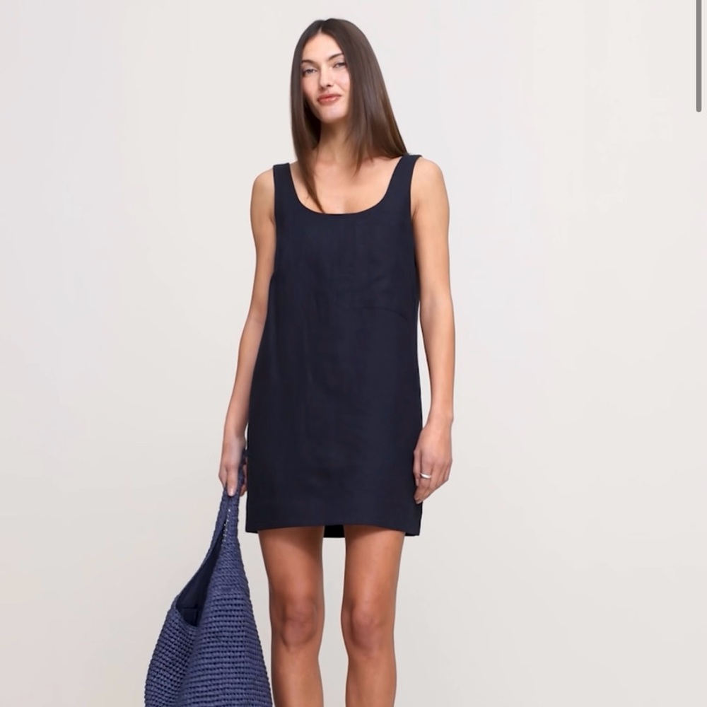 Banana Republic LINEN SCOOP-NECK SHIFT DRESS NWT dark nay blue small tall